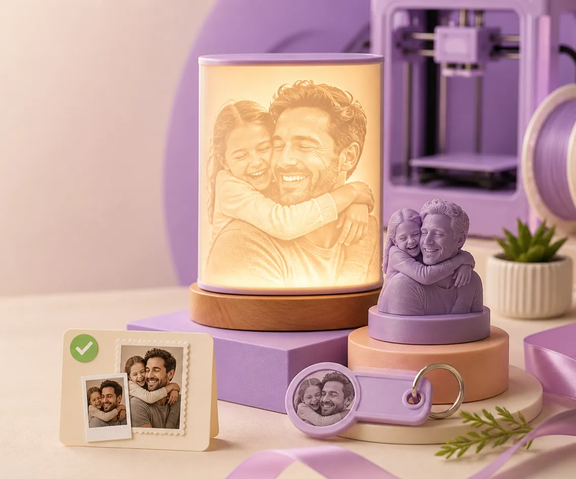 A photo printed as a glowing lithophane lamp, a matching portrait bust and a photo keychain