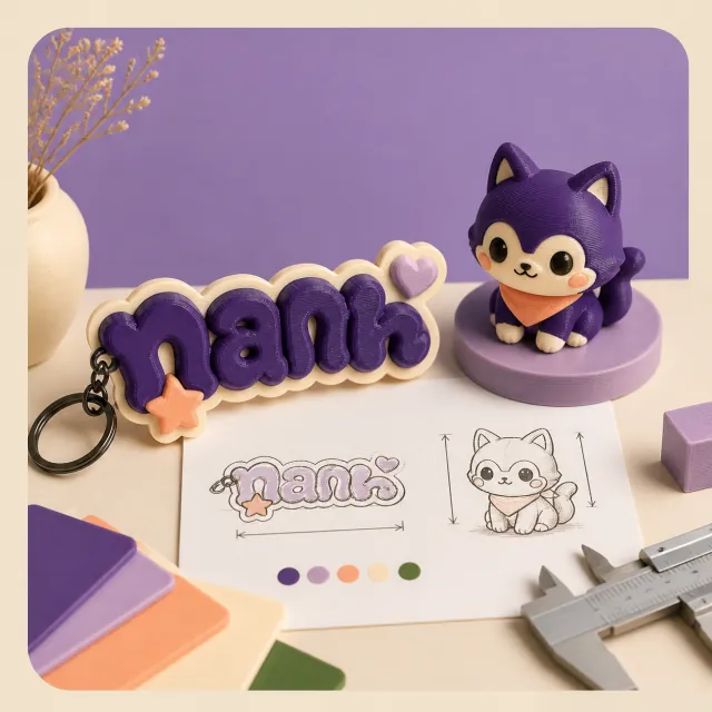 Personalised name keychain and a custom pet figure beside the design sketch they were printed from