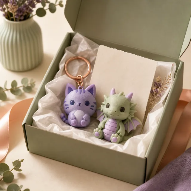 Cat and dragon keychains nested in tissue paper inside an Azoth gift box