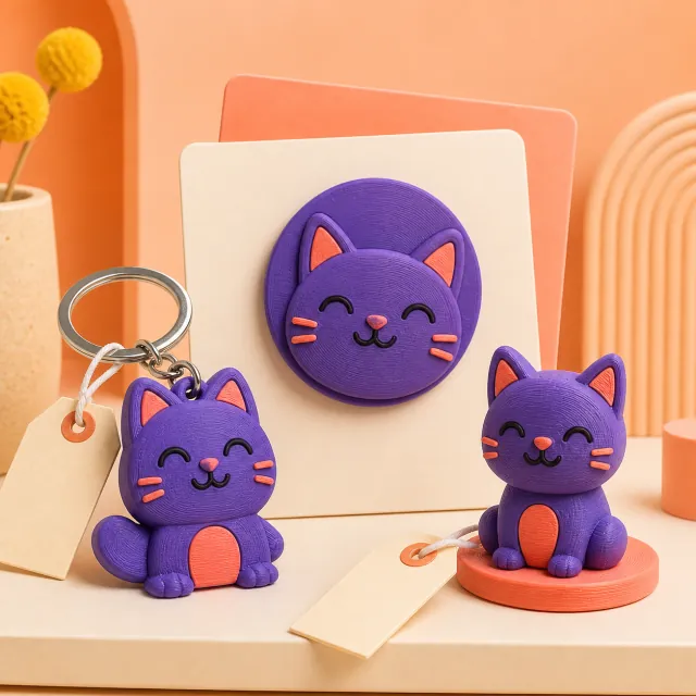 Matching cat keychain, coaster and desk figure sold together as a bundle